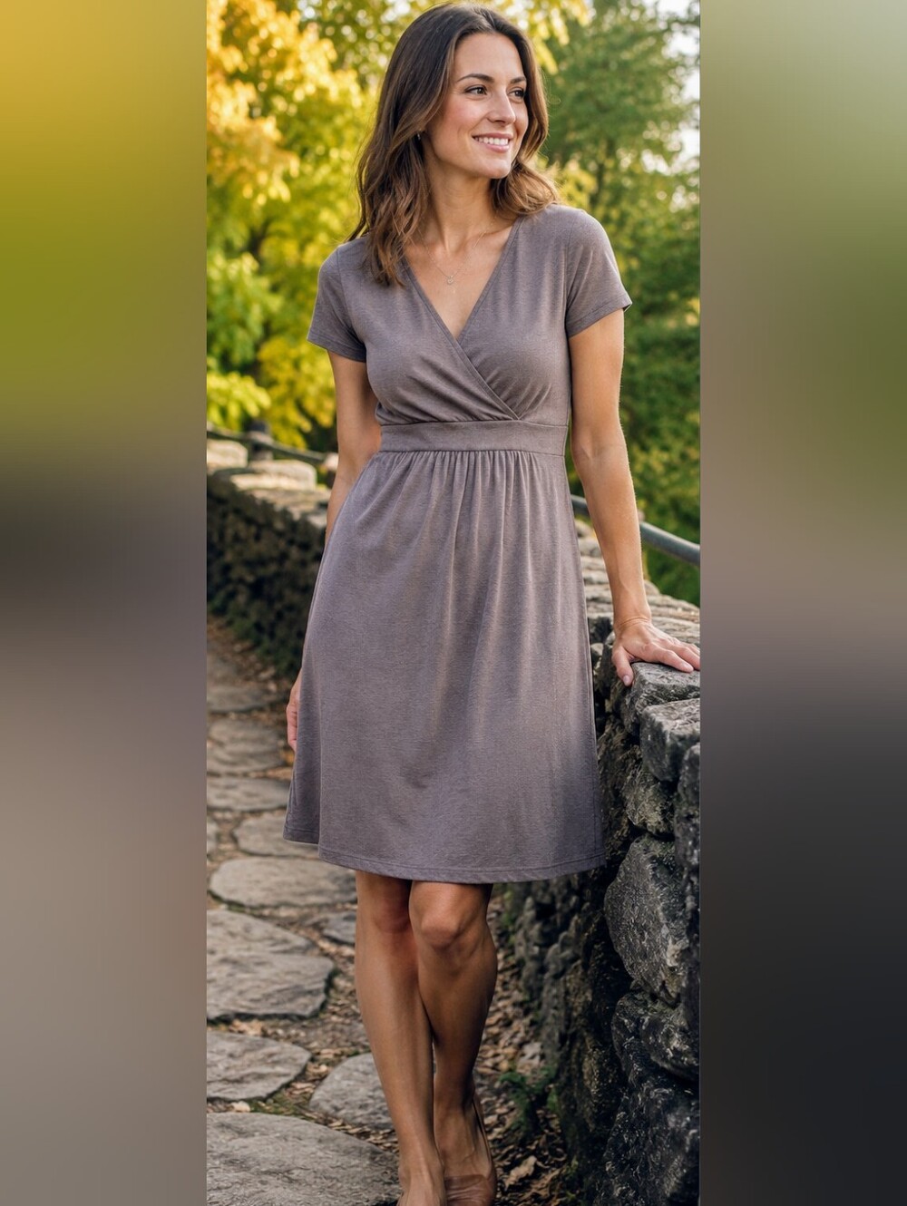 Boden Faux Wrap Jersey Dress US 10R UK 14R Brown Mole Taupe Cotton Capsule
